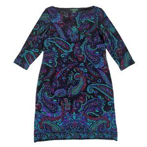 Lauren Ralph Lauren Size 8 Shift Dress Multi Paisley Bateau Neck 3/4 Sleeve